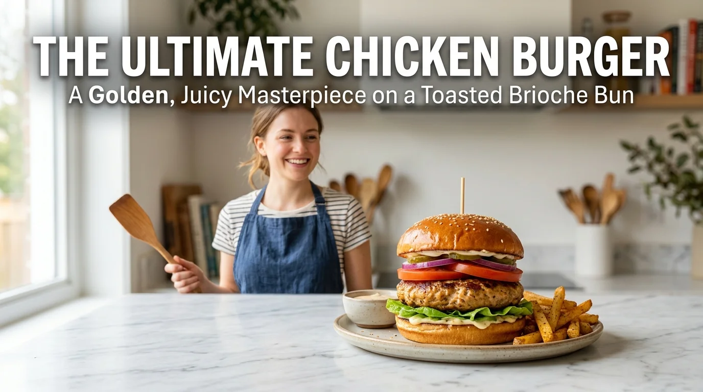 A juicy ground chicken burger patty stacked in a brioche bun with fresh lettuce and tomato, showing how to make a flavorful ground chicken burger at home.