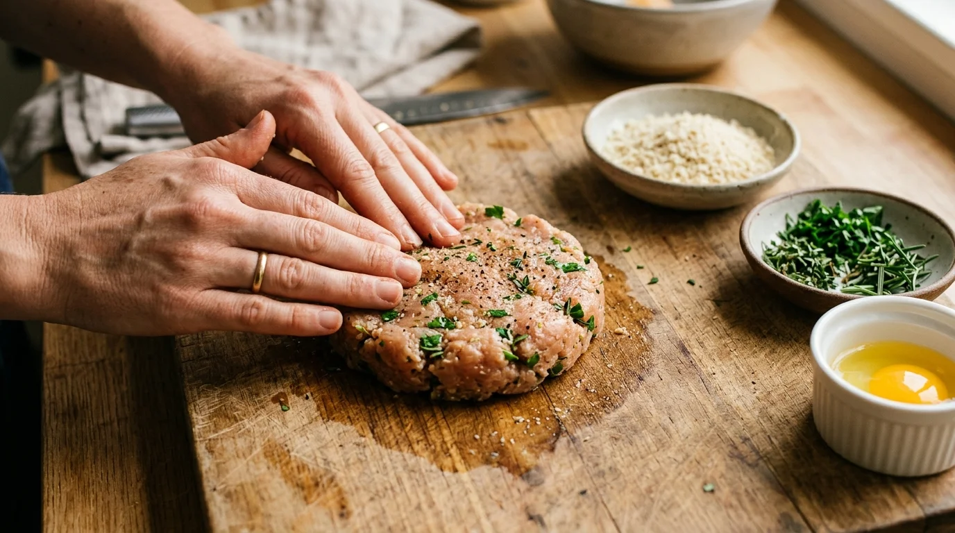 Hands shaping seasoned ground chicken mixture into a patty on a wooden board, showing the right binder ratio for a juicy ground chicken burger.